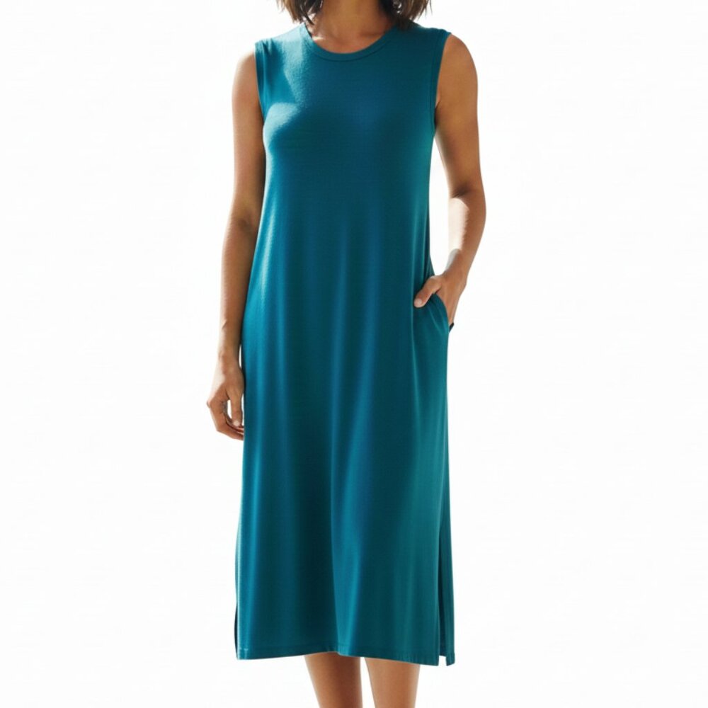 Eileen Fisher Sleeveless Viscose Jersey Midi Dress Women's XXS Teal Blue NWT